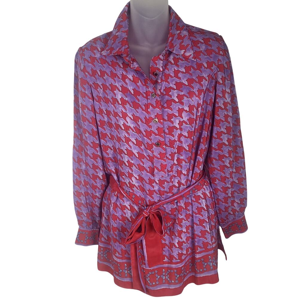 Carolina Herrera LUXURY CH Silk Blend Print Belted Top in Red and Purple 4 $546